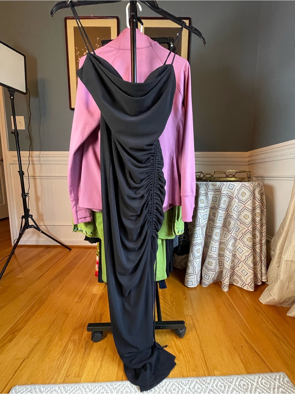 Zara Black Draped Ruched Midi Slip Dress Size Small